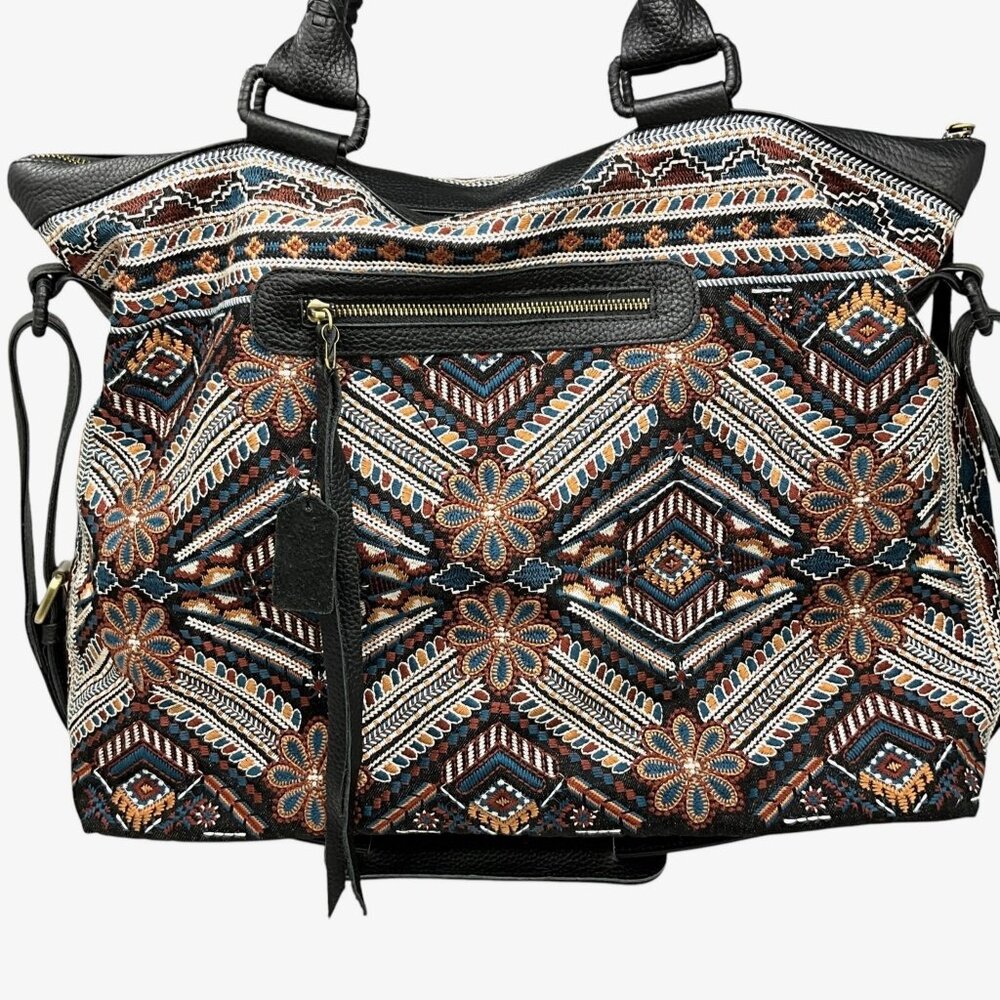 Johnny Was Workshop Molly Jo Tote Weekender Bag Black Floral Embroidery Leather - Picture 2 of 15